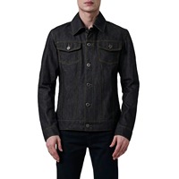 Veste en jean selvedge noire pour homme 100 % coton avec surpiqûres contrastantes jaunes, style camionneur, boutonnée, vente en gros OEM