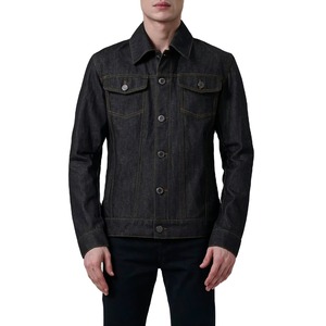 Veste en jean noire pour homme en denim brut selvedge avec surpiqûres contrastantes jaunes, style camionneur, boutonnée, vente en gros OEM - Product Image 4