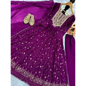 Vestido Chikankari Hecho a Mano con Dupatta, Hermoso Vestido de Fiesta, Corte en A, Cintura Imperio, Tela Chifón - Product Image 1