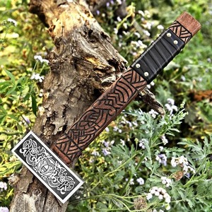 Hache de Bûcheron Celtique à Manche en Bois, Lame en Acier Carbone, Étui en Cuir, Longueur Totale 15 Pouces, pour Activités de Plein Air - Product Image 2