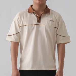 Polo en coton beige pour homme, manches courtes, avec poche poitrine et bordure marron, style décontracté - Product Image 6