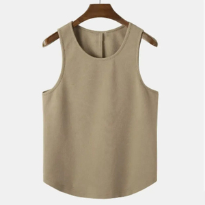 Camiseta sin Mangas de Punto con Cuello Redondo de Color Sólido para Hombre, Estilo Casual, Color Beige, Producción Harry Johnson, Calidad Premium - Product Image 1