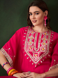 Women's Pink Kaftan Embroidered <b>Silk</b> <b>Kurta</b> Set With Trouser Traditional Loose Fit Knee Length Casual Wear India Pakistan Style - Product Image 4