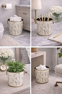 Cubo de basura metálico con estampado de aves botánicas y doble asa dorada, accesorio para decoración de interiores de boutiques u hoteles, procedente de la India. - Product Image 3