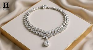 Marquise Leaf Motif Bridal <b>Necklace</b> 14K White Gold Pear Cut Drop Pendant Choker Moissanite Laurel V Crown <b>Statement</b> High Jewelry - Product Image 1