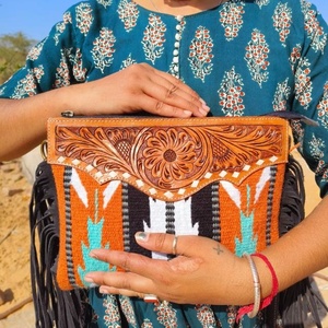 Western Hand Tooled Leather Crossbody Purse Turquoise Saddle <b>Blanket</b> Bag Genuine Cowhide Western Leather Bohemian Fringe Purse - Product Image 1