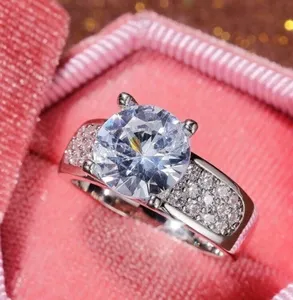 Moissanite <b>Silver</b> <b>Ring</b> Women Classic Round Cut Engagement <b>Ring</b> Pave Band Diamond Look <b>Silver</b> Weight - Product Image 1