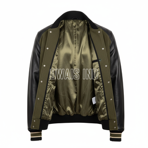 แจ็คเก็ตวาร์ซิตี้ Owais Ind สำหรับผู้ชาย สีเขียว แขนหนัง PU ปักลายโลโก้ตัวอักษร ดีไซน์สไตล์ Preppy เหมาะสำหรับใส่ในฤดูใบไม้ร่วง - Product Image 4