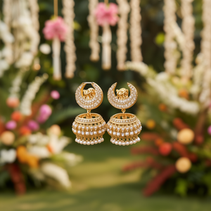 Half Moon Drop Earrings-Gold Plated Pearl & Diamond Jhumkas for Wedding and Party - Product Image 3
