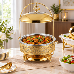 Luxury Gold Round Chafing <b>Dish</b> Food Warmer with <b>Glass</b> Top Lid Overhead Arch Stand Decorative Lattice Base Catering Server - Product Image 2