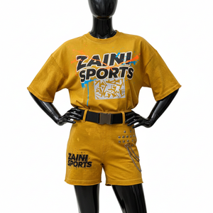 Ensemble T-shirt et short pour femme en jersey de coton de haute qualité 180 GSM, toucher doux, couleur moutarde, logo imprimé, ensembles pour femmes - Product Image 6
