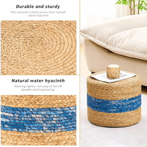 Handmade Blue Woven Foot <b>Stool</b> Natural Water Hyacinth <b>Ottoman</b> for Home Decor & Seating - Product Image 4