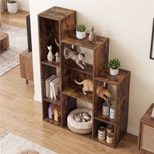 Mobiletto Libreria Rustico Marrone per Gatti con 8 Scomparti Organizzati e Piattaforme Multiple per Arrampicarsi, Arredamento per Animali Domestici - Product Image 2