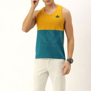 Débardeur Homme Tricoté Respirant à Col Rond Jaune et Vert Teal avec Blocs de Couleurs – Style Décontracté Sans Manches - Product Image 2