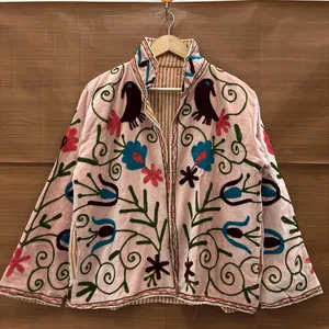 Women Pink Velvet Embroidered Suzani Jacket with Floral Pattern Full Sleeve <b>Stand</b> Collar Handmade Bohemian Autumn <b>Coat</b> - Product Image 1