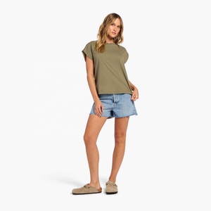 Camiseta de Moda para Mujer, Cuello Redondo, Manga Corta, Color Sólido, Corte Holgado, Verano, 100% Algodón, Uso Diario, Informal, Básica - Product Image 4