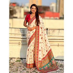 Sari traditionnel en soie de viscose pure Elite Weaves, imprimé, robe de soirée blanche, 750g - Product Image 6