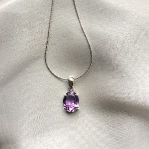 Pendentif ovale en argent avec améthyste véritable, pierre de naissance de février, bijou élégant fait main, cadeau pour femme, collier - Product Image 1