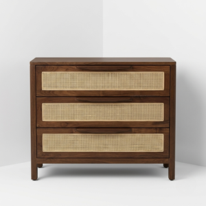 Teak Wood Sideboard Rattan Webbing 3 Drawer Accent Cabinet Low Dresser <b>Storage</b> <b>Chest</b> for Modern Living Room Furniture Wholesale - Product Image 5