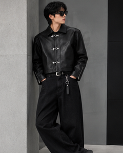 เสื้อแจ็คเก็ตหนัง PU สีดำสำหรับผู้ชาย สไตล์นักขี่มอเตอร์ไซค์ คอปกแบบคอกลม ติดกระดุม ซิปด้านหน้า แขนเสื้อแบบมีฮู้ด สตรีทแวร์ เสื้อโค้ทสำหรับฤดูใบไม้ร่วง - Product Image 6