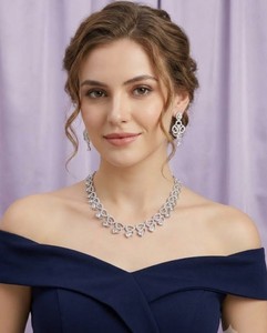 Artistic Curved Link Necklace American Diamond Jewelry <b>Set</b> With Pear Drop Motif & Matching Dangle Earrings For Special Occasions - Product Image 5