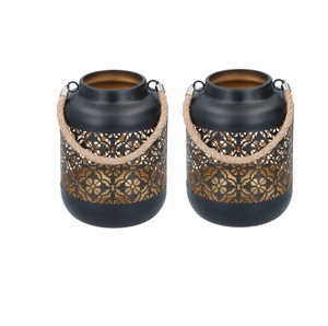Iron <b>Lanterns</b> With Cutout Patterns For Home Decoration Portable Candle Holders <b>Black</b> And Gold Finish Wedding Decoration - Product Image 5