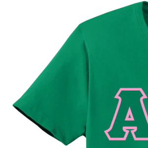 Camiseta AKA 3 con letras griegas bordadas, de algodón verde, cuello redondo, manga corta, suave, transpirable, informal, unisex, para uso diario. - Product Image 3