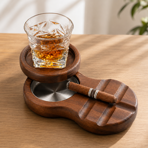 Noyer massif personnalisé 360 °   Cendrier rotatif pour cigares avec porte-verre à whisky et cendrier en métal - Product Image 4