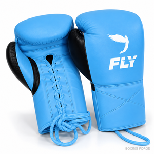ถุงมือชกมวยหนังวัวสีน้ำเงิน Fly Blue แบบผูกเชือก สำหรับผู้ใหญ่ ดีไซน์ระบายอากาศได้ดี - Product Image 1