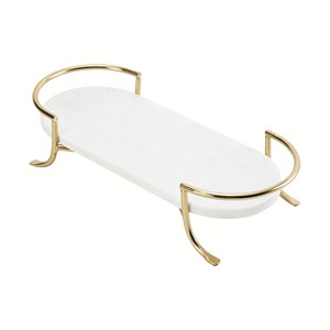 Plateau de vanité carré moderne en métal blanc avec support en métal doré et poignées incurvées pour salle de bain et présentoir de parfums de bureau - Product Image 1