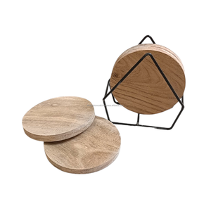 Ensemble de 4 dessous-de-verre en bois de manguier naturel faits à la main avec support - Dessous-de-verre ronds en bois pour tasses à thé et à café pour la décoration de la maison et du bureau - Product Image 1