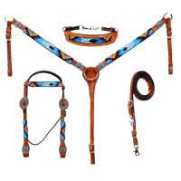 Ensemble d'équitation en cuir véritable occidental avec incrustation turquoise, motif brodé, fermeture à boucle réglable