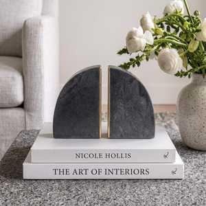 Polished <b>Black</b> Marble Bookends Pair Natural Stone <b>White</b> Veining Heavy Duty Rounded Dome Design Holder - Product Image 2