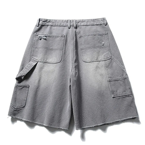 <b>Mens</b> Washed Grey Carpenter Denim Shorts Distressed Ripped Frayed Hem Oversized Loose Fit Double Knee Workwear Streetwear Jorts - Product Image 2