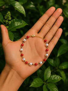 Brass Coral Pearl Stackable Beaded Bracelet | Gold Tone Layering Chain Bracelet - Product Image 1