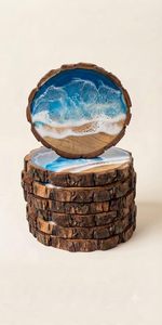 Tapetes y Posavasos Artesanales Ecológicos de Estilo Rústico (Juego de 8) - Rodajas de Madera Natural de 300 mm de Diámetro con Resina Artística Decorativa para el Hogar - Product Image 2