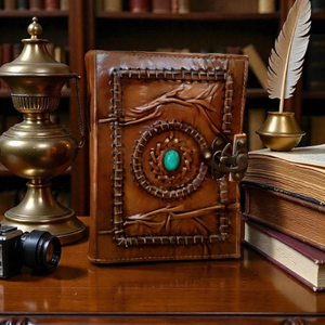 Journal en cuir fait main, couverture rigide vintage, gravé, Grimoire de pierre avec motifs mascotte d'amour et fleurs - Product Image 6