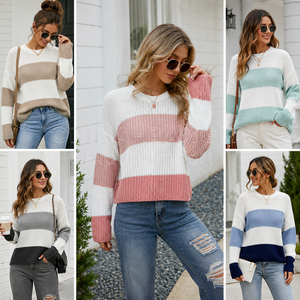 Suéter de acrílico 100% para mujer, de cuello redondo, con bloques de color, para invierno, bajo MOQ, proveedor de ropa casual de Bangladesh RMG Stocklot. - Product Image 1