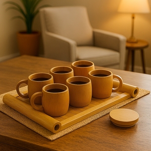 Juego de Tazas con Bandeja de Bambú Estilo Bohemio Ecológico |   Juego de Servir Café y Té Sostenible para Fiestas y Regalos |   Uso en Cafeterías y Hoteles - Product Image 3