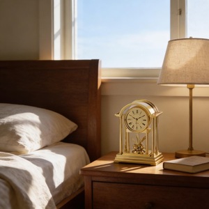 Brass Desk <b>Clock</b> Traditional Design Quartz Movement <b>Battery</b> Operated Needle Display Silent Non Ticking Hourly Chiming - Product Image 3