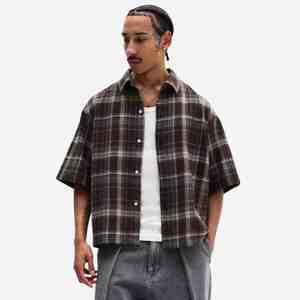 Camisa de Franela a Cuadros de Manga Corta para Hombre, Cuello Camisero Informal, Transpirable, de Algodón, Estilo Otoñal - Product Image 1