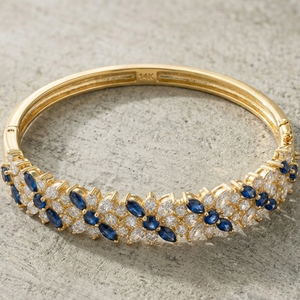 Gold Color Sapphire and Lab Created Diamond Open Bangle <b>Copper</b> Electroplated Floral <b>Bracelet</b> for Women - Product Image 4