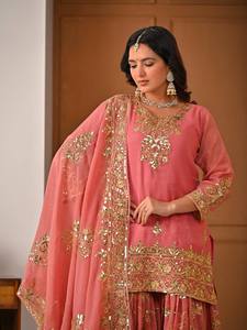 Ensemble Anarkali en soie brodée rose avec dupatta, tenue de mariage traditionnelle pour femmes, longueur au sol, coupe régulière, ensemble indien pakistanais - Product Image 3