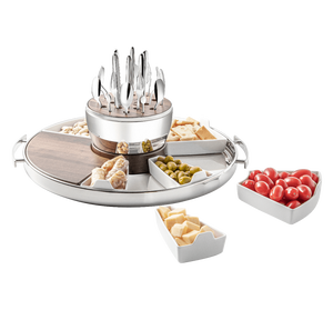 Round Stainless Steel Serving Tray with Wooden Board and Porcelain Compartments for Snacks Appetizers Party Use - Product Image 3