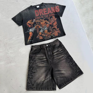 T-shirts et shorts vintage en coton 260 g/m² pour hommes, délavés à l'acide, coupe oversize, col rond, motif graphique, style décontracté - Product Image 1