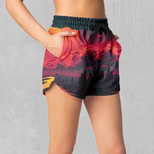 Pantalones cortos estampados para hombre con cordón en la cintura, pantalones cortos informales de secado rápido, patrón de horizonte urbano rojo - Product Image 2