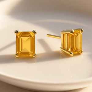 Boucles d'oreilles clous en Citrine naturelle, argent sterling 925 plaqué or 14K, sans nickel, pierre de naissance de novembre, faites à la main, pour anniversaire et fête - Product Image 1