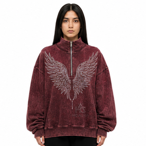Sweat-shirt en molleton/coton délavé à l'acide, coupe oversize, col montant, épaules tombantes, couleur noire, qualité supérieure, style streetwear hiver, très demandé - Product Image 1