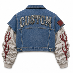 Custom <b>Denim</b> Zip Up <b>Jacket</b> Flame Sleeve Street Wear Casual Fashion <b>Cropped</b> Outerwear For Women And Unisex Wear - Product Image 2