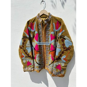 Veste en velours brodée pour femme, col mandarin, manches longues, motif floral, faite à la main, sans fermeture, manteau d'automne - Product Image 3